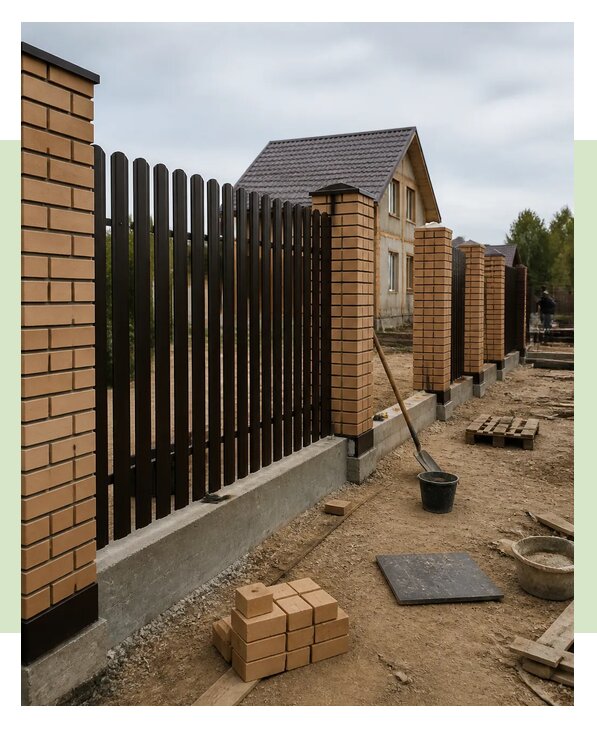 Забор из евроштакетника с кирпичными столбами в Сланцах